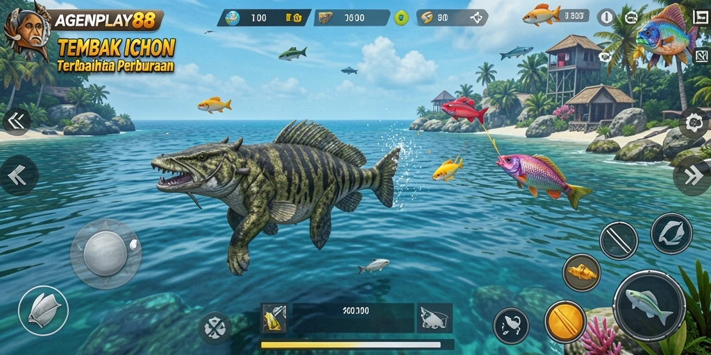 Screenshot gameplay AGENPLAY88 yang menunjukkan aksi menembak ikan yang seru.