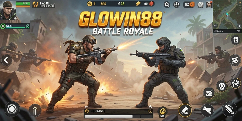 Screenshot utama GLOWIN88 menampilkan pertarungan seru di arena Battle Royale.