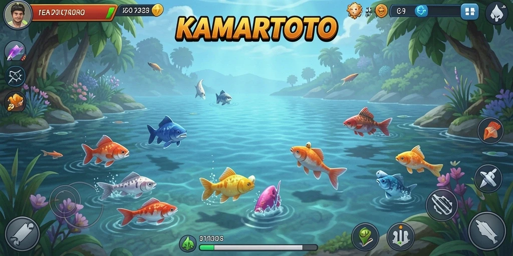 Tampilan gameplay KAMARTOTO yang menampilkan suasana memancing yang menenangkan.