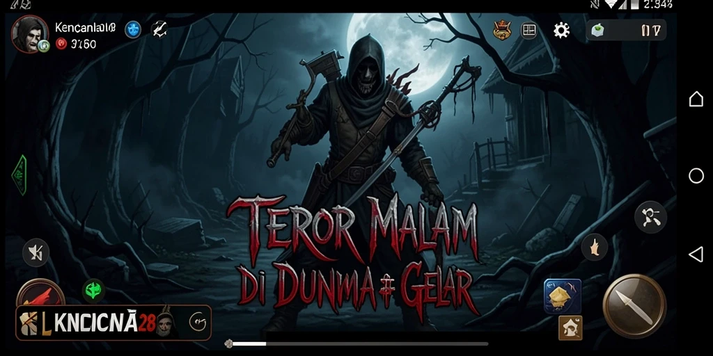 Screenshot KENCANA28 menampilkan suasana gelap dan mencekam saat gameplay berlangsung.