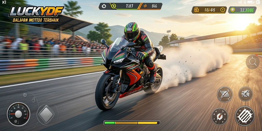 Tampilan gameplay seru LUCKYDF dengan motor balap yang cepat.